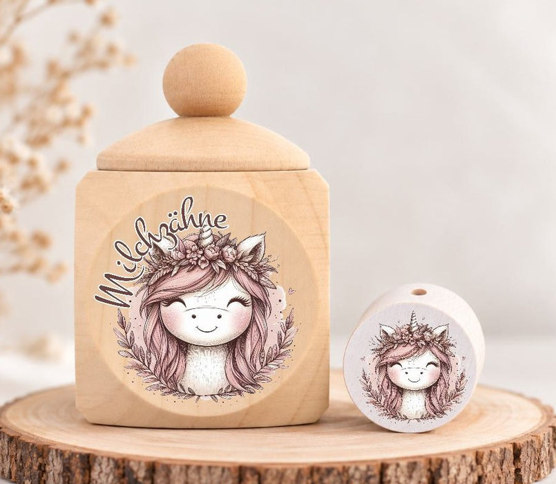 Milchzahndose Einhorn Kranz Holz mit Motivscheibe | DIY & Kreativbedarf 6 x 4cm Zahndose | CreativMade .