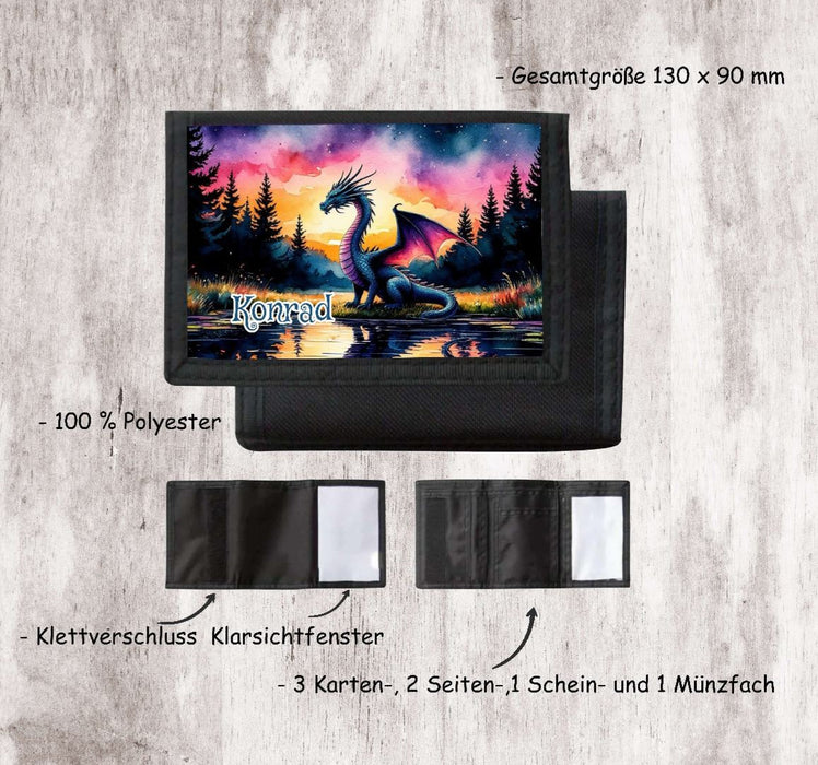 Kinder Geldbeutel personalisiert Drache – Geldbörse mit Namen Klettverschluss Porte­mon­naie - CreativMade