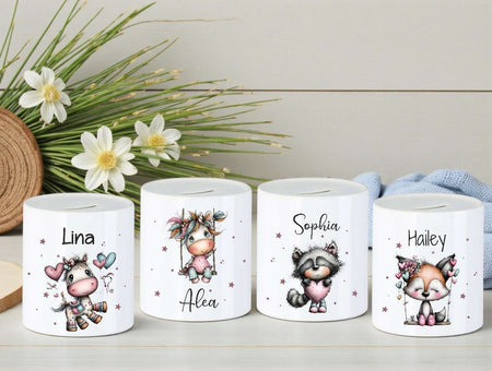 Personalisierte Kinderspardose mit Namen Fuchs – Keramik Spardose zur Einschulung, Geburt oder Taufe - CreativMade