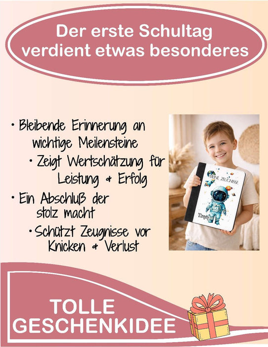 Personalisierte Zeugnismappe mit Namen Astronaut – Mappe für Schulzeugnisse A4 | Geschenk zur Einschulung Jungen - CreativMade