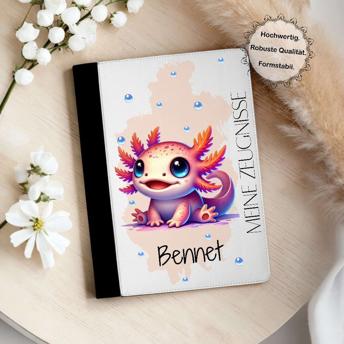 Personalisierte Zeugnismappe mit Namen Axolotl – Mappe für Schulzeugnisse A4 | Geschenk zur Einschulung Jungen - CreativMade
