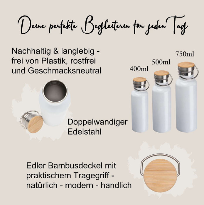 Personalisierte Thermosflasche Edelstahl – Trinkflasche mit Bambusdeckel, doppelwandig & auslaufsicher für Büro, Sport & Reisen - CreativMade