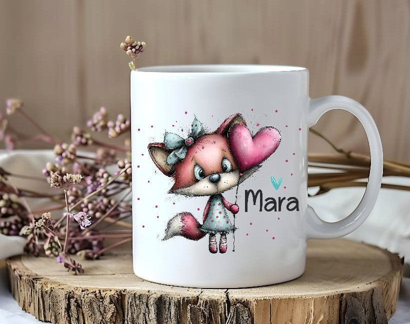 Kindertasse personalisiert mit Namen Fuchs Mädchen Emaille Keramik Kunststoff Geschenk - CreativMade 