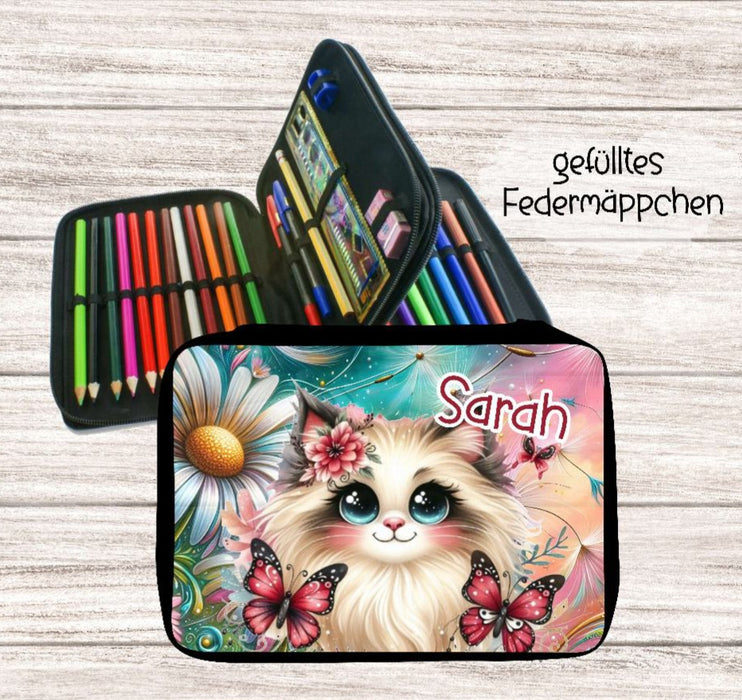 Personalisiertes Federmäppchen mit Name Katze Mädchen Geschenk Einschulung Federmappe Federpenal - CreativMade
