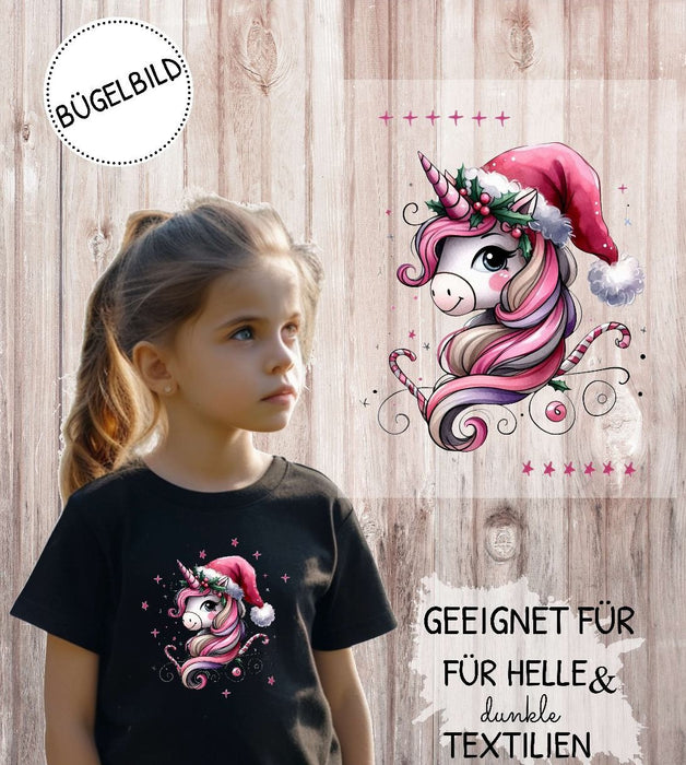 Bügelbilder für Kinder Einhorn mit Mütze – Weihnachtsmotive, Wintermotive & Herbstmotive zum Aufbügeln – DIY Textilaufbügler für Kleidung & Geschenke - CreativMade