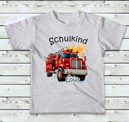T-Shirt Schulkind Einschulung mit Name Junge Feuerwehrauto personalisiert - CreativMade 