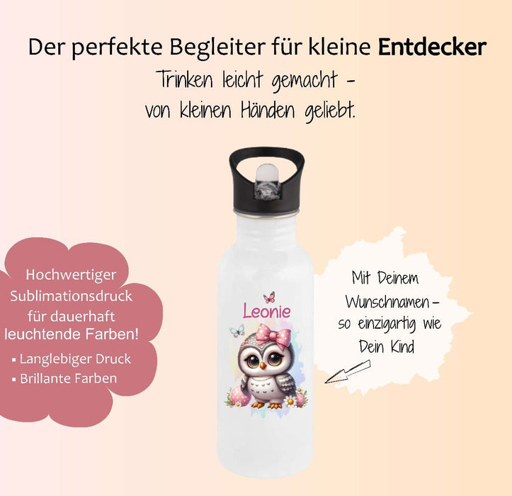 Personalisierte Trinkflasche Kinder Eule -  Edelstahl Trinkflasche mit Name - Strohhalm Geschenk Einschulung Geburtstag - CreativMade 