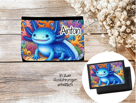 Kinder Geldbeutel personalisiert Axolotl – Geldbörse mit Namen Klettverschluss oder Reißverschluss Porte­mon­naie - CreativMade