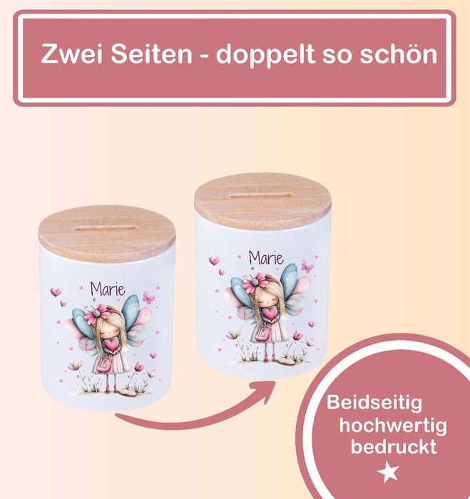 Kinder Spardose mit Name Fee – Personalisierte Spardose für Kinder Keramik mit Bambusdeckel für Mädchen | CreativMade .