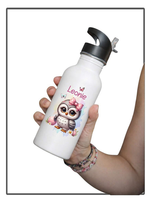Personalisierte Trinkflasche Kinder Eule -  Edelstahl Trinkflasche mit Name - Strohhalm Geschenk Einschulung Geburtstag - CreativMade 