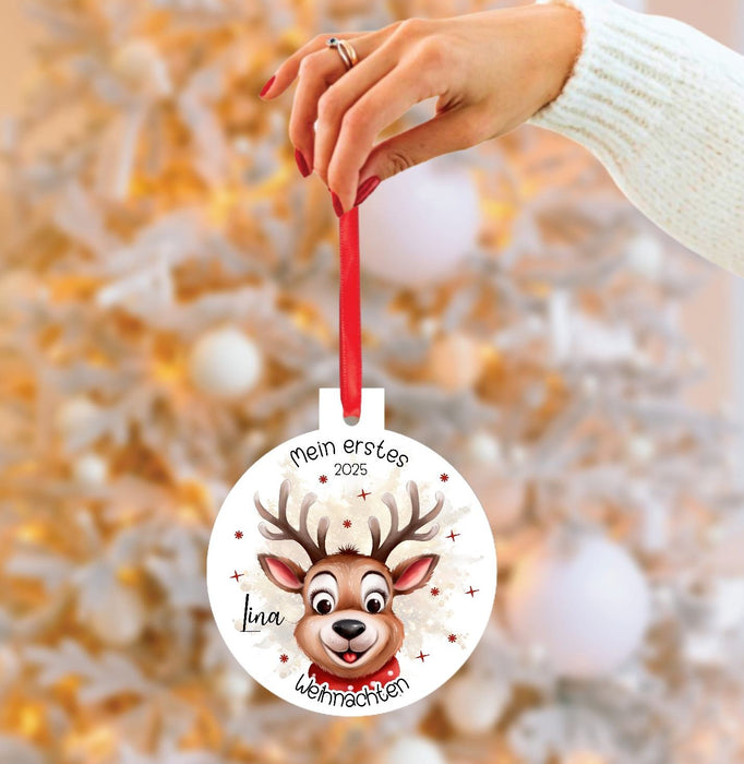 Personalisierter Christbumschmuck & Weihnachtsbaumanhänger Baby Waschbär Zebra – Mein erstes Weihnachten mit Namen aus Aluminium Geschenkidee - CreativMade