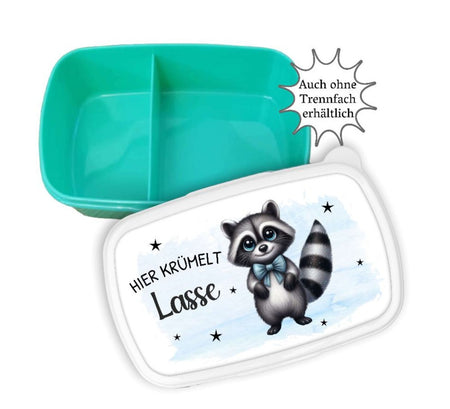 Brotdose Kinder personalisiert Waschbär mit Name Junge Einschulung Vesperbox Fächer hier Krümelt - CreativMade 