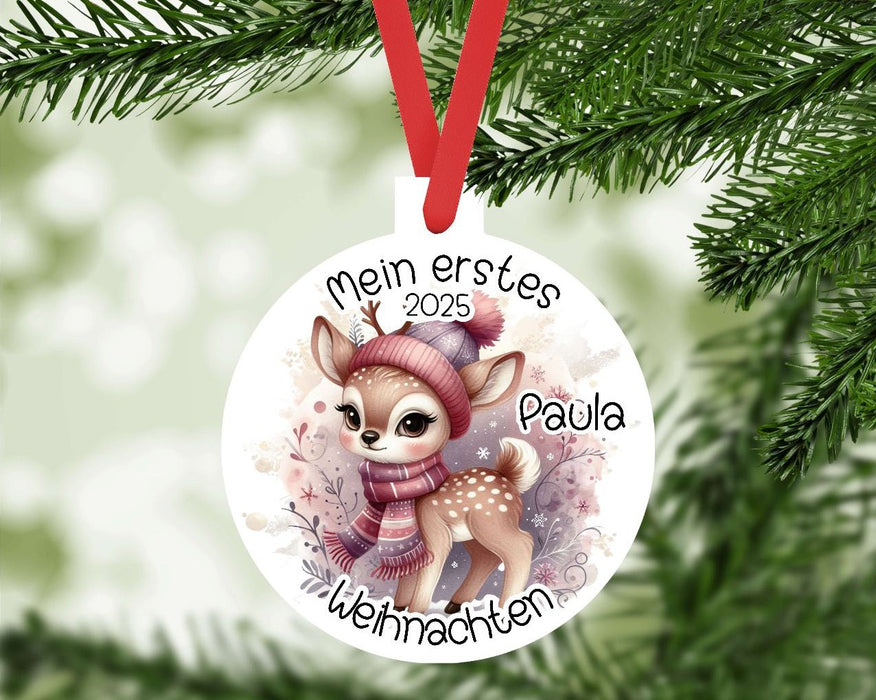 Personalisierter Christbumschmuck & Weihnachtsbaumanhänger Baby Reh – Mein erstes Weihnachten mit Namen aus Aluminium Geschenkidee - CreativMade 