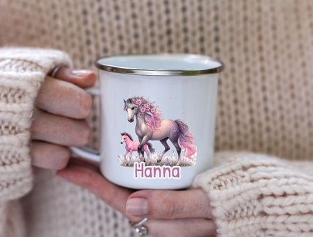 Tasse personalisiert Pferd mit Name Kinder Mädchen Einschulung Kindertasse Keramik oder Emaille - CreativMade 