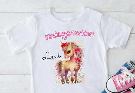 T-Shirt Kindergartenkind Mädchen Einhorn Pferd mit Name - CreativMade 