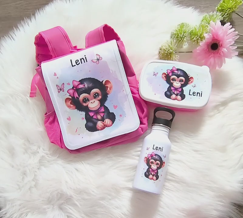 Set Brotdose Trinkflasche und Rucksack personalisiert mit Namen Affe Kinder Edelstahl Flasche Kita Kindergarten Kinderrucksack - CreativMade