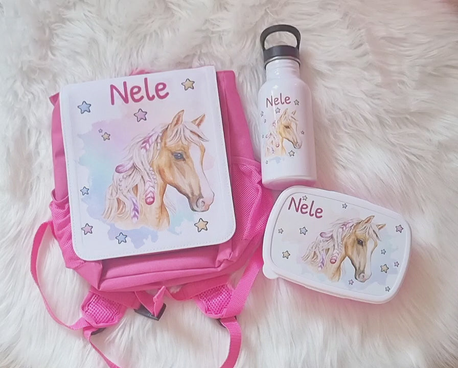 Brotdose Trinkflasche und Rucksack personalisiert Pferd Kinder Set Edelstahl Flasche Kita Set Kindergarten Kinderrucksack Mädchen - CreativMade