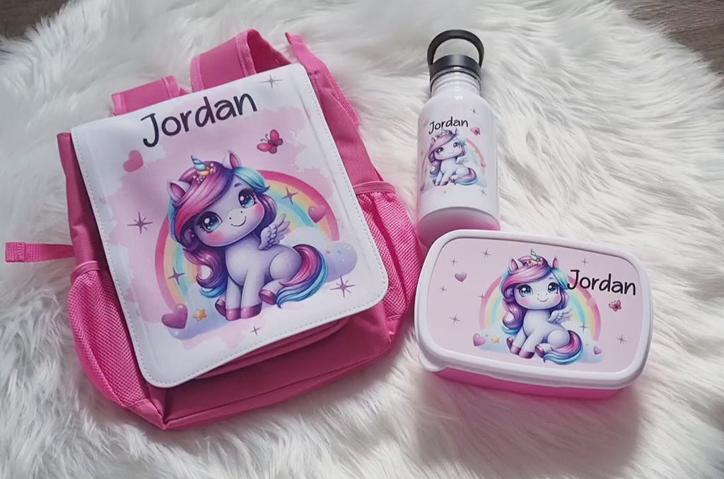 Brotdose Trinkflasche und Rucksack personalisiert Einhorn Kinder Set Edelstahl Flasche Kita Set Kindergarten Kinderrucksack Mädchen - CreativMade