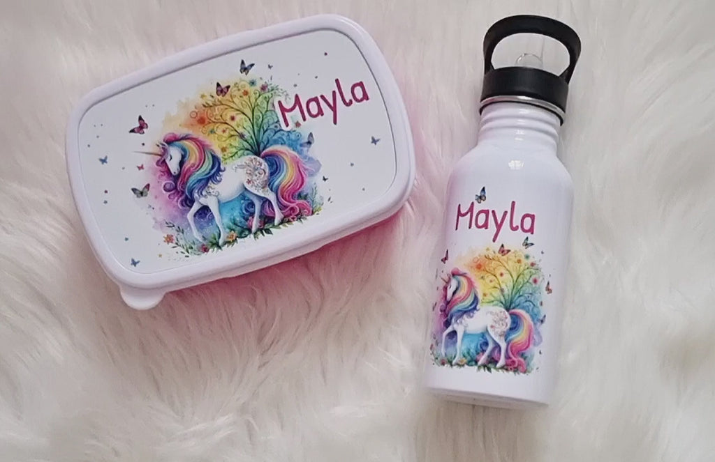 Set Brotdose und Trinkflasche personalisiert mit Namen Einhorn Edelstahl 500ml Lunchbox Mädchen - CreativMade