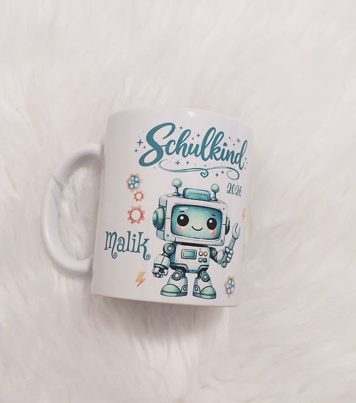 Schulkind Tasse personalisiert Roboter Jungen Einschulungstasse mit Namen Geschenk Einschulung Erstklässler - CreativMade