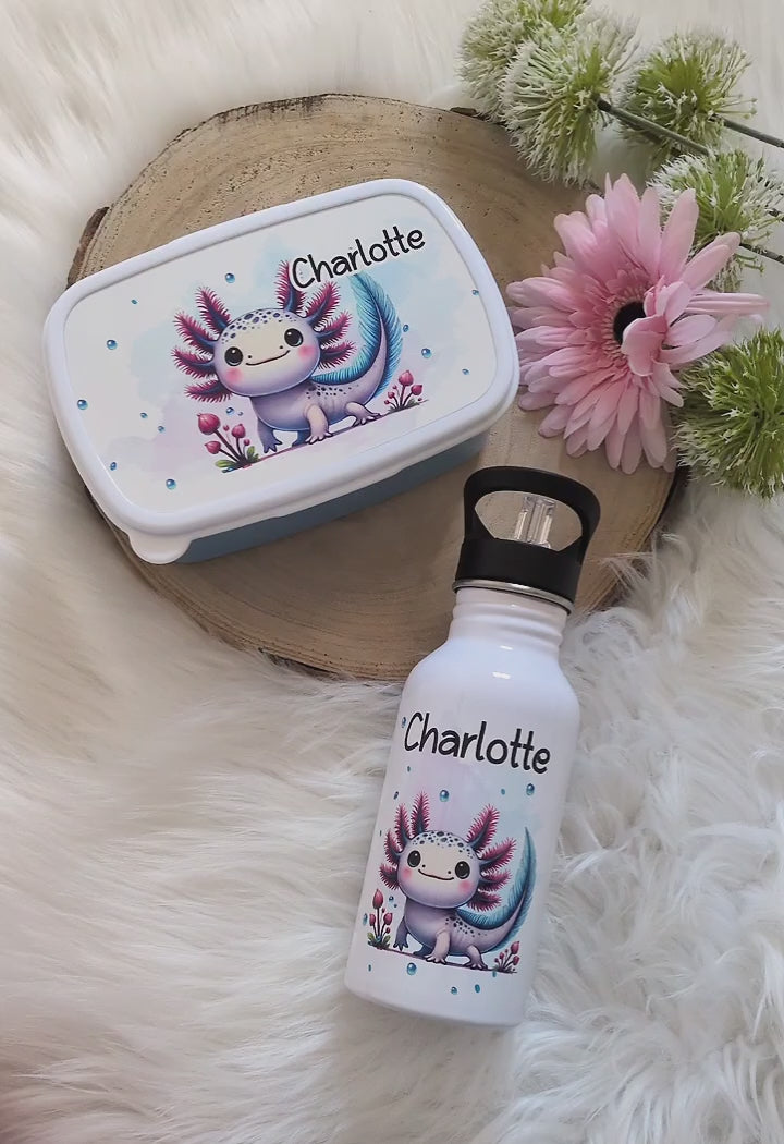 Brotdose & Trinkflasche personalisiert - Axolotl - Kinder Set mit Namen Edelstahl Trinkflasche - CreativMade