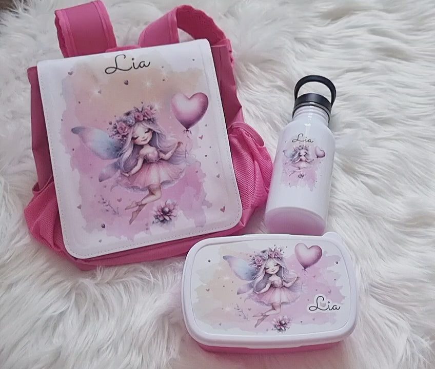 Set Brotdose Trinkflasche und Rucksack personalisiert mit Namen Fee Kinder Edelstahl Flasche Kita Kindergarten Kinderrucksack - CreativMade