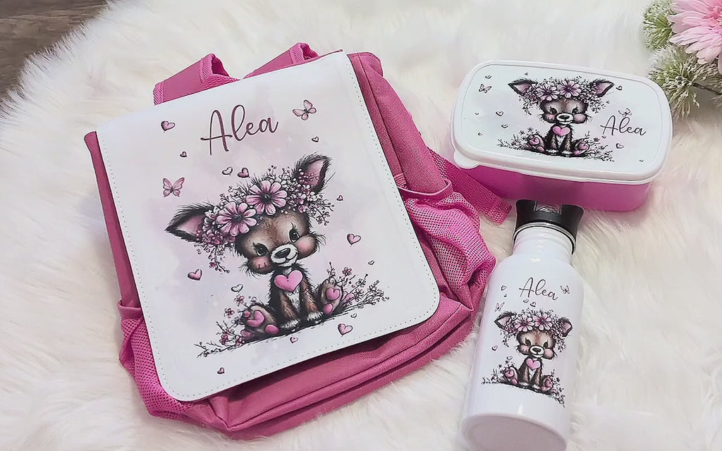 Kindergarten Set personalisiert Reh – Rucksack, Trinkflasche & Brotdose mit Namen Kitakind - CreativMade