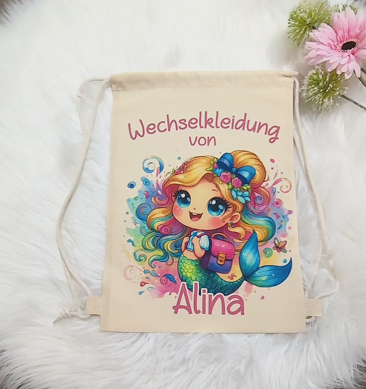 Wechselkleidung Kita Meerjungfrau Tasche personalisiert mit Name Mädchen Kindergarten Wechselwäsche Wechselsachen Beutel - CreativMade