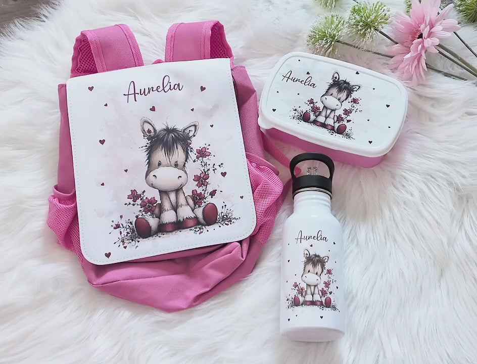 Kindergarten Set personalisiert Esel – Rucksack, Trinkflasche & Brotdose mit Namen Kitakind - CreativMade