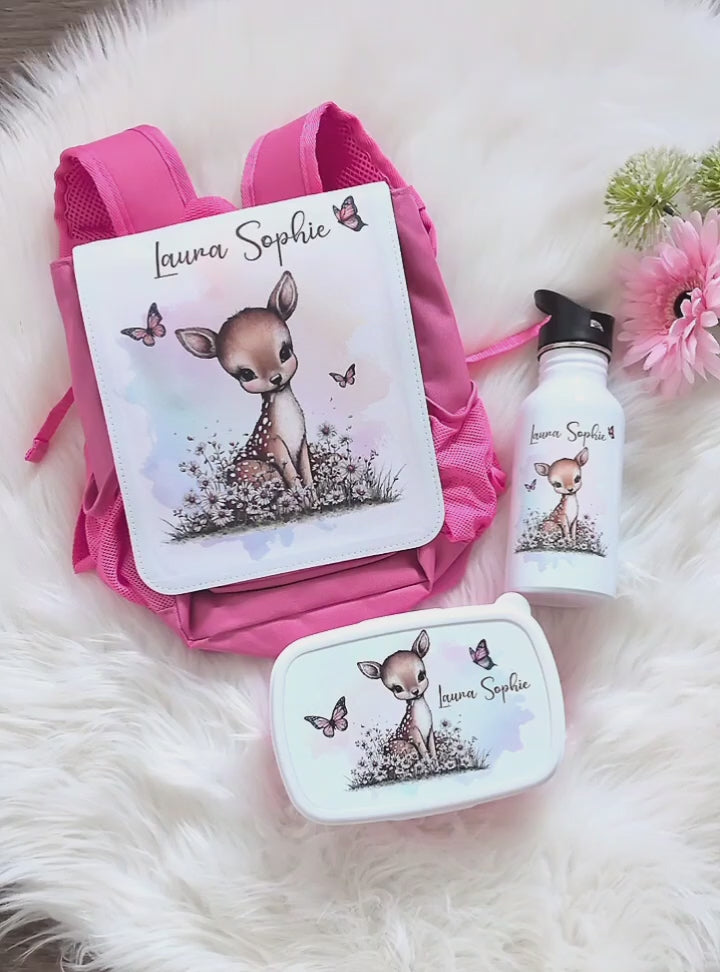 Kindergarten Set personalisiert Reh – Rucksack, Trinkflasche & Brotdose mit Namen Kitakind - CreativMade