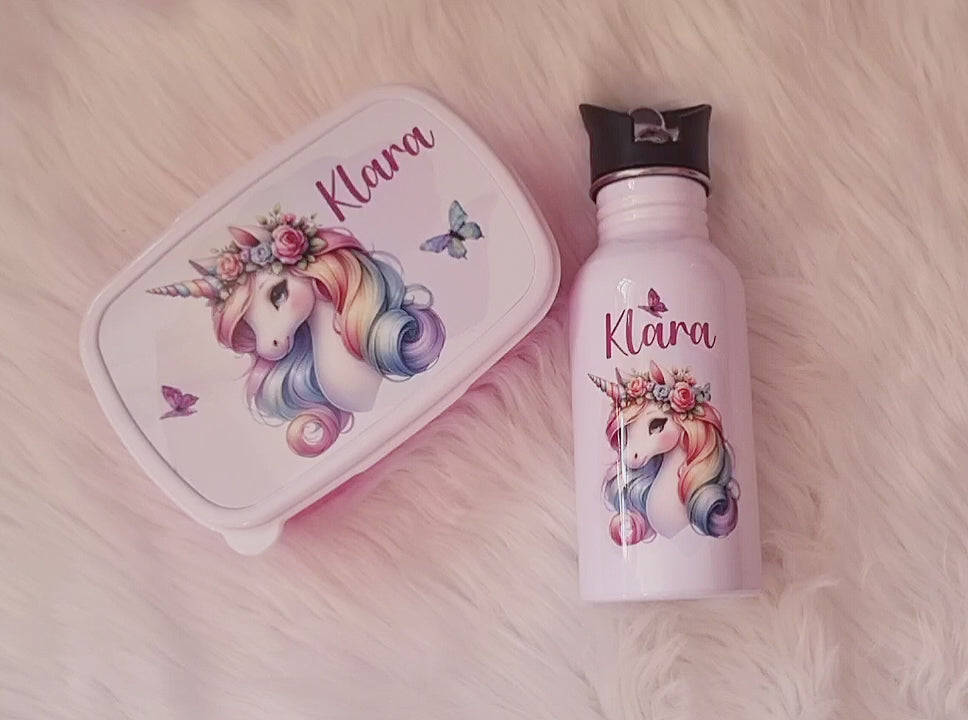 Set Brotdose und Trinkflasche personalisiert mit Namen Einhorn Edelstahl 500ml Lunchbox Mädchen - CreativMade
