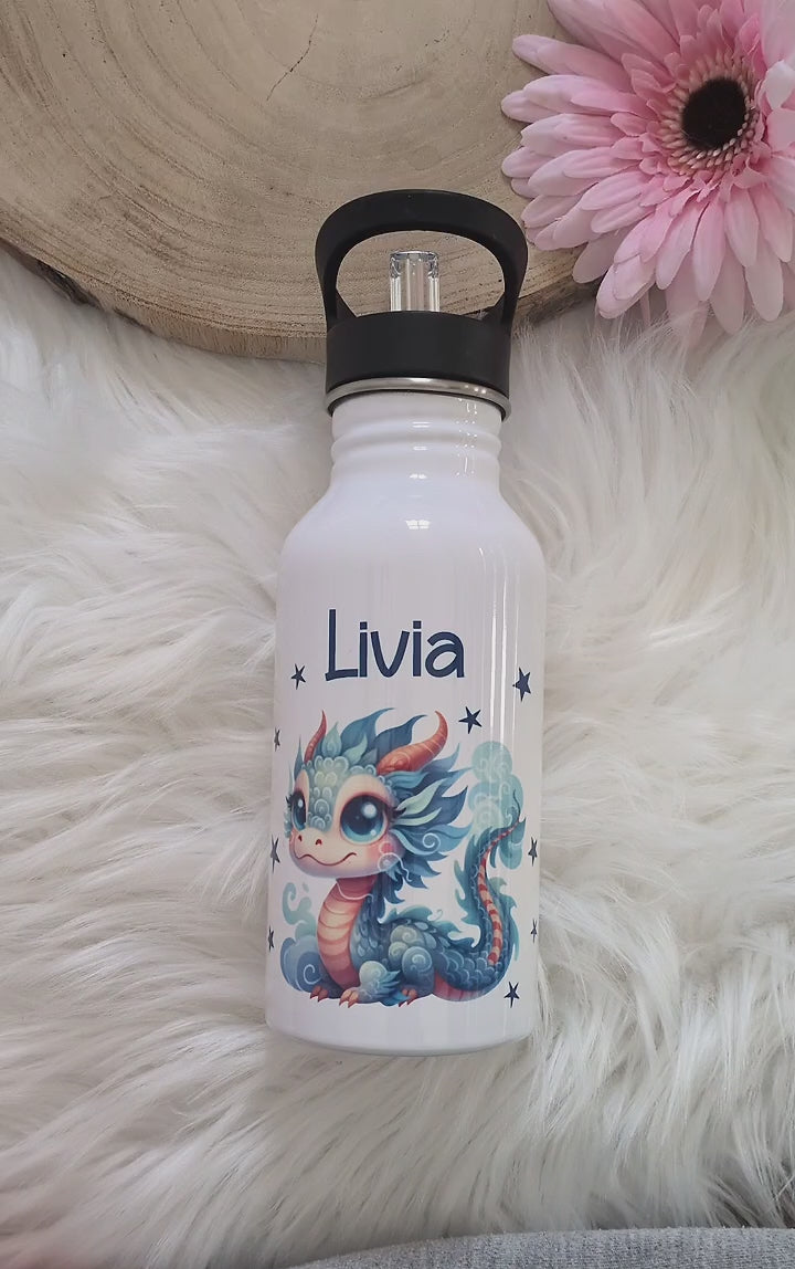 Personalisierte Trinkflasche Drache Kinder Edelstahl mit Name mit Strohhalm Junge Geschenk Einschulung Geburtstag - CreativMade