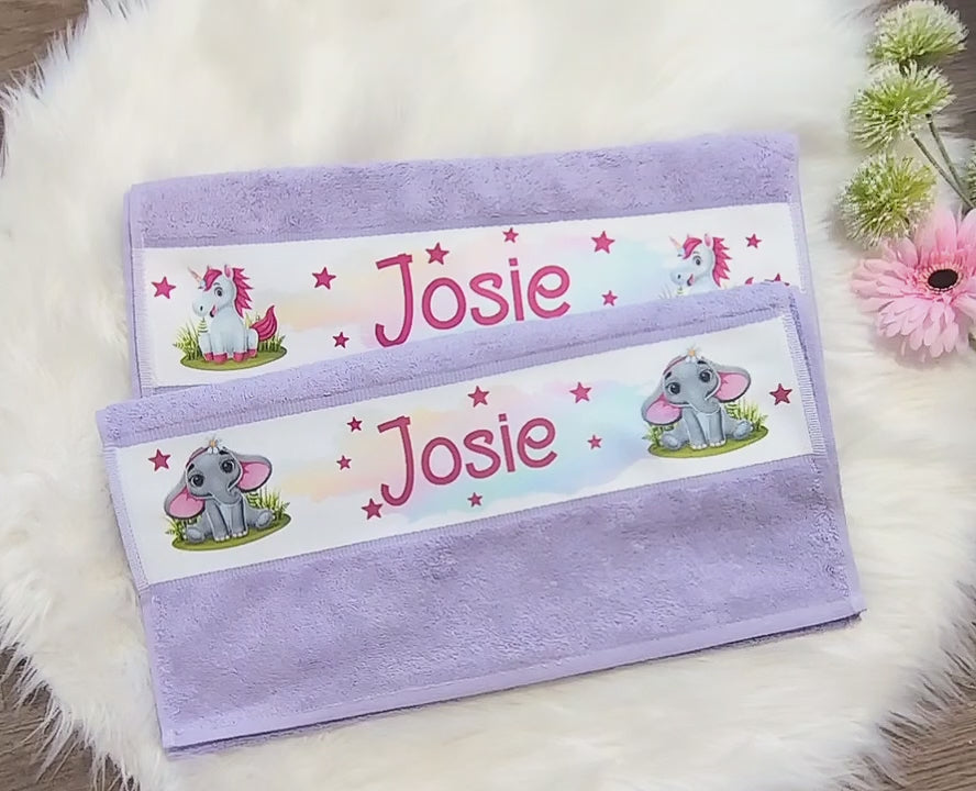 Personalisiertes Kinderhandtuch mit Namen Einhorn & Elefant Mädchen – Frottee 50x100 cm oder 70x140 cm – Weiches Handtuch für Kinder & Babys - CreativMade