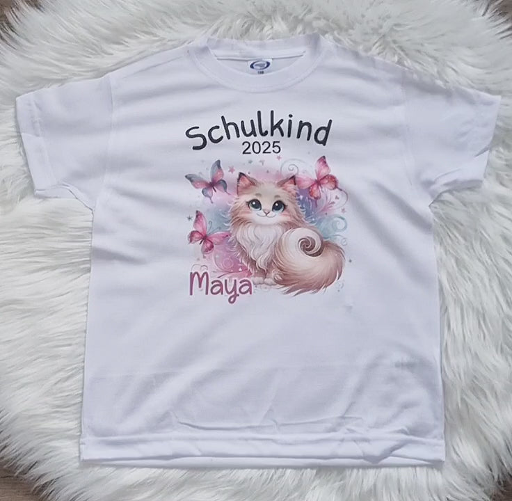 T-Shirt Schulkind Katze mit Name Mädchen personalisiert Einschulungsshirt Einschulung erste Klasse Geschenk Erstklässler Outfit - CreativMade