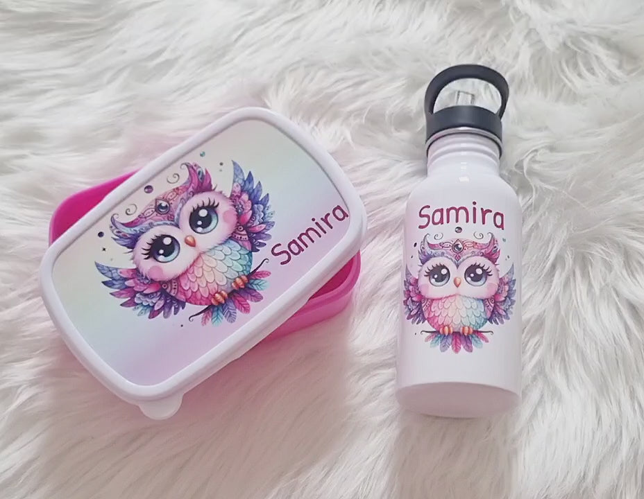 Set Brotdose und Trinkflasche personalisiert mit Namen Eule Edelstahl 500ml Lunchbox Mädchen - CreativMade