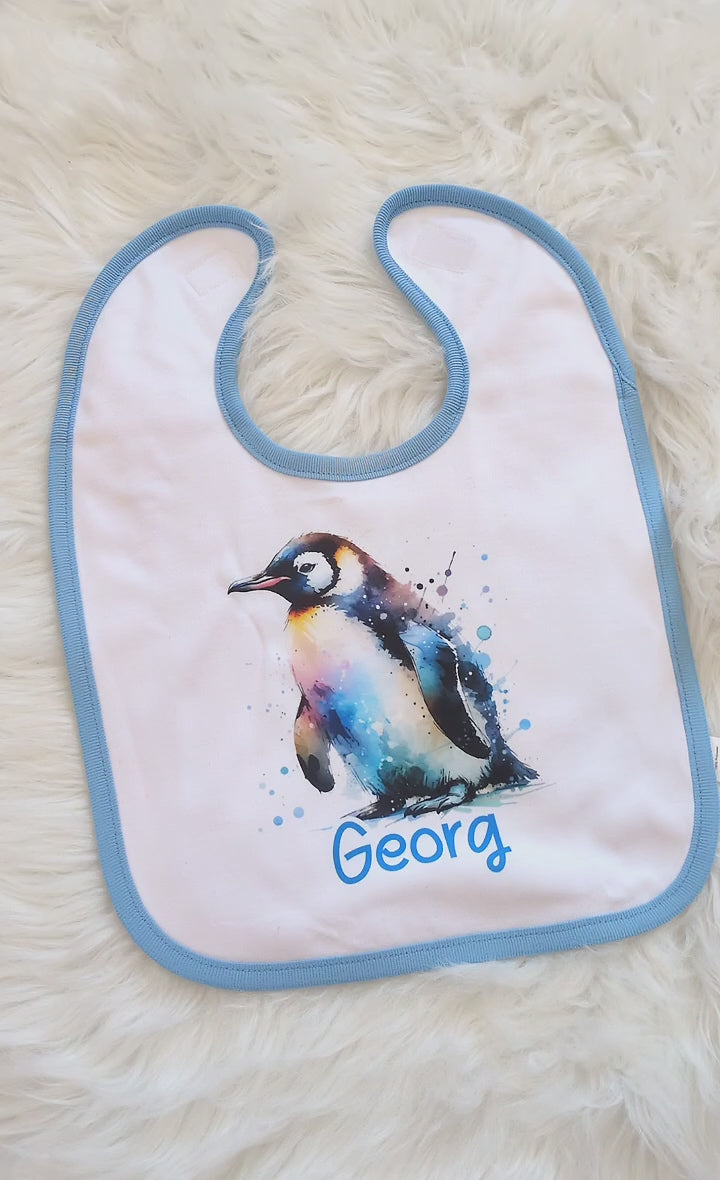 Personalisiertes Baby Lätzchen Pinguin aus Frottee mit Klettverschluss Sabberlatz mit Namen Jungen - CreativMade