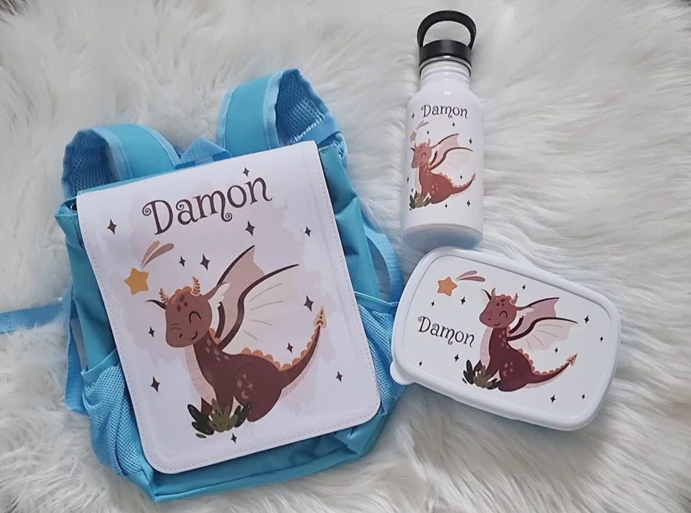 Set Brotdose Trinkflasche und Rucksack personalisiert mit Namen Drache Kinder Edelstahl Flasche Kita Kindergarten Kinderrucksack - CreativMade