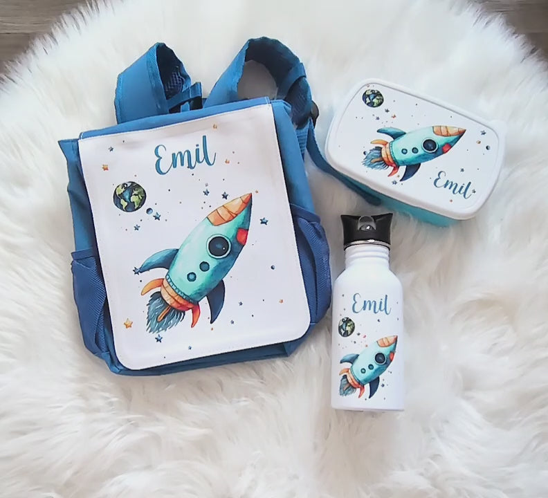 Set Brotdose Trinkflasche und Rucksack personalisiert mit Namen Rakete Kinder Edelstahl Flasche Kita Kindergarten Kinderrucksack - CreativMade