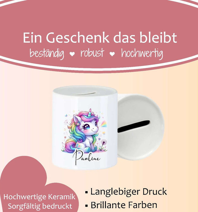 Personalisierte Kinderspardose mit Namen Einhorn – Keramik Spardose zur Einschulung, Geburt oder Taufe - CreativMade 