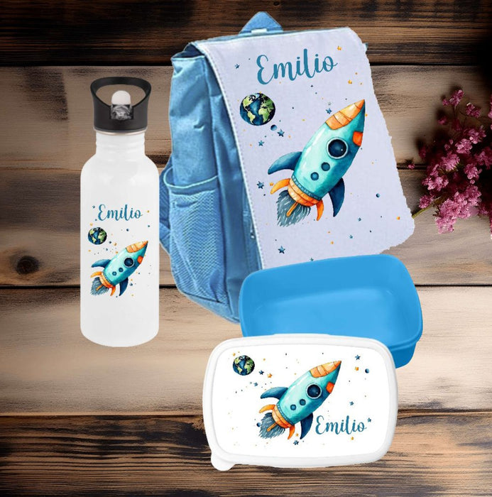 Set Brotdose Trinkflasche und Rucksack personalisiert mit Namen Rakete Kinder Edelstahl Flasche Kita Kindergarten Kinderrucksack - CreativMade