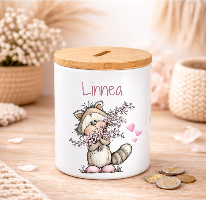 Kinder Spardose mit Name Tier-Motiv – Personalisierte Spardose für Kinder Keramik mit Bambusdeckel