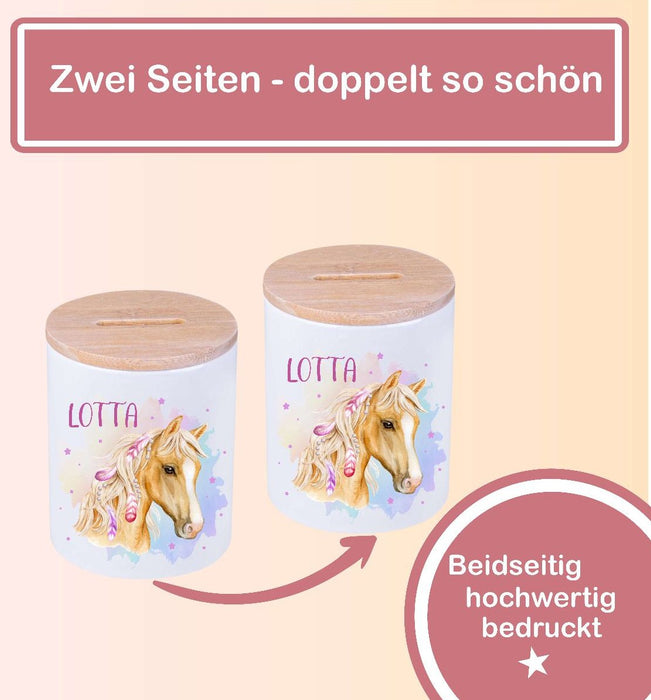 Kinder Spardose mit Name Pferd – Personalisierte Spardose für Kinder Keramik mit Bambusdeckel für Mädchen | CreativMade .