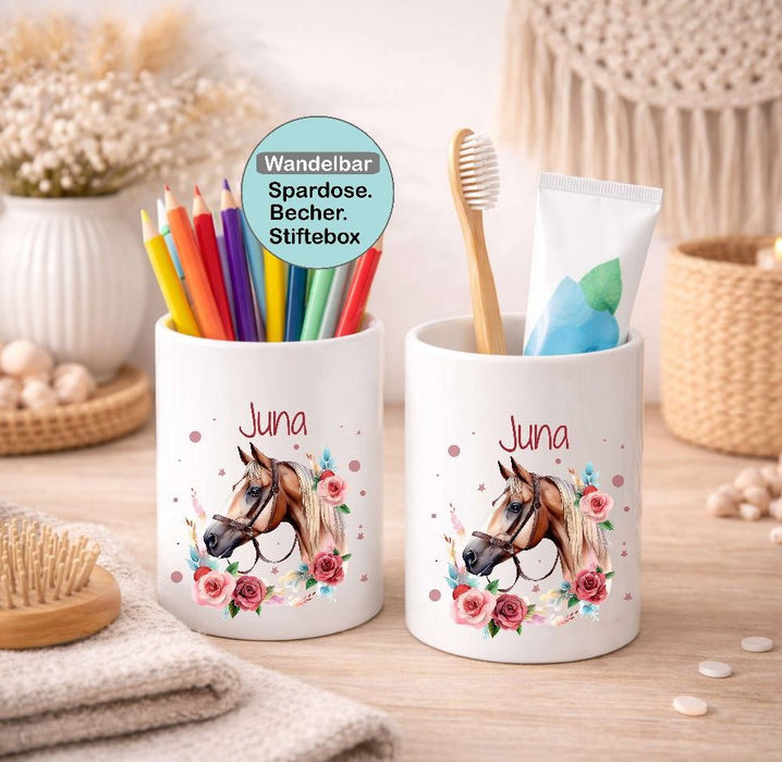 Kinder Spardose mit Name Pferdekopf – Personalisierte Spardose für Kinder Keramik mit Bambusdeckel für Mädchen | CreativMade .