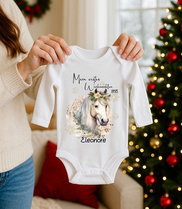 Mein erstes Weihnachten Baby-Body Pferd Mädchen – personalisiert Weihnachtsoutfit aus Baumwolle (0–18 Monate) Strampler - CreativMade 