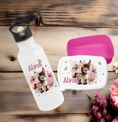 Set Brotdose und Trinkflasche personalisiert mit Namen Esel Edelstahl 500ml Lunchbox Mädchen - CreativMade