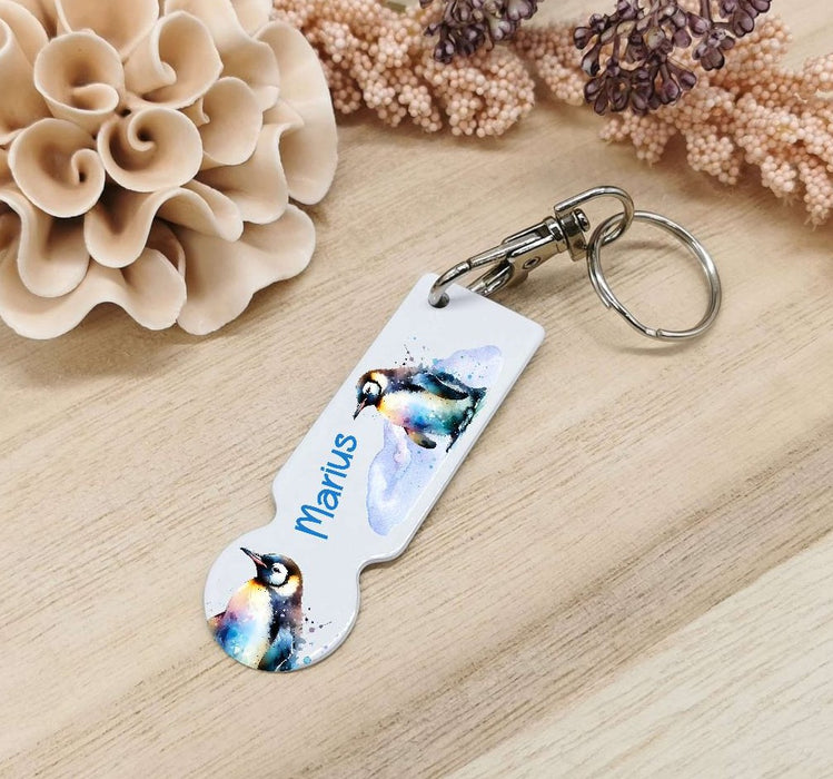 Einkaufswagenlöser personalisiert mit Namen Pinguin Einkaufchip Wagenlöser Metall Schlüsselanhänger