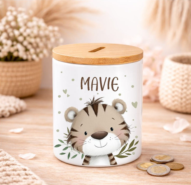 Kinder Spardose mit Name Löwe – Personalisierte Spardose für Kinder Keramik mit Bambusdeckel für Jungen oder Mädchen Waldtiere Safari Tiere Zootiere - CreativMade