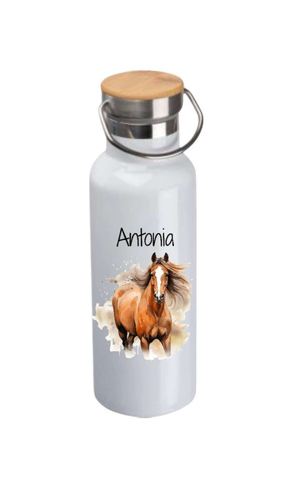 Personalisierte Kinder Trinkflasche mit Namen Pferd – Edelstahl Thermosflasche auslaufsicher für Kindergarten & Schule - CreativMade