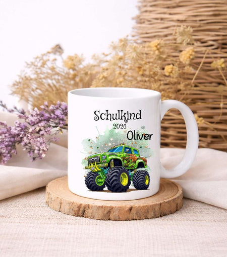 Einschulungstasse mit Name Monstertruck Schulkind Tasse personalisiert Jungen - CreativMade 