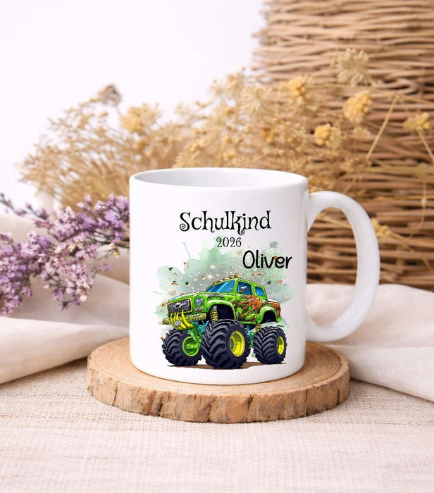 Einschulungstasse mit Name Monstertruck Schulkind Tasse personalisiert Jungen - CreativMade 
